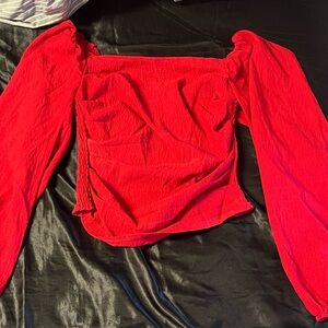 SHEIN Red Puff Sleeve Fitted Ruched Blouse